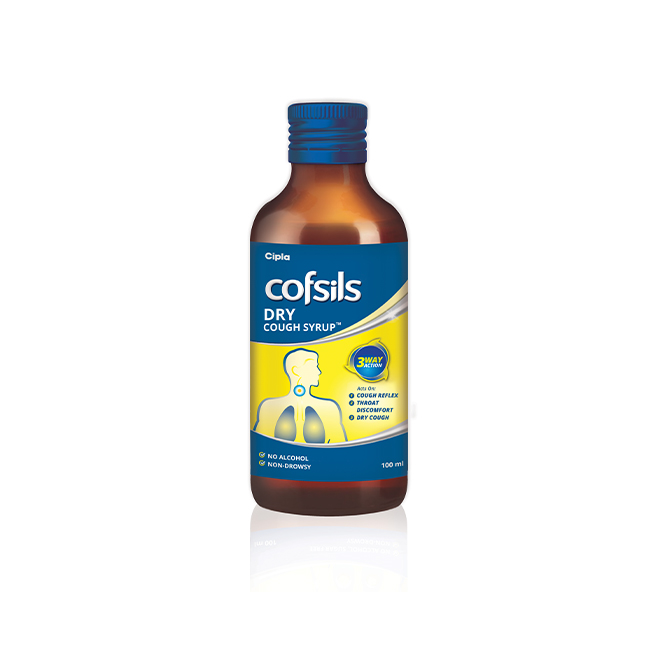 Cofsils Dry Cough Syrup offers a 3-way action solution that suppresses dry cough, throat discomfort, and cough reflex.